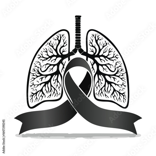 Illustration of lungs with a black ribbon, representing lung cancer awareness and support.