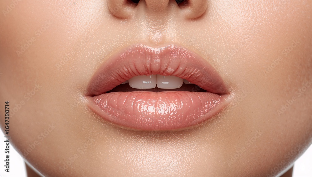 Naklejka premium Close up of a female lips slightly parted with glossy finish on plain white background