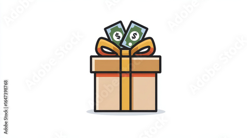 Gift box with ribbon and two dollar bills sticking out, symbolizing monetary gift or financial reward. design is simple, colorful, and cartoony, with clean style