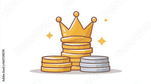 Golden crown resting on stacks of gold and silver coins, surrounded by sparkling stars, symbolizes wealth, success, and royalty in clean, cartoony style