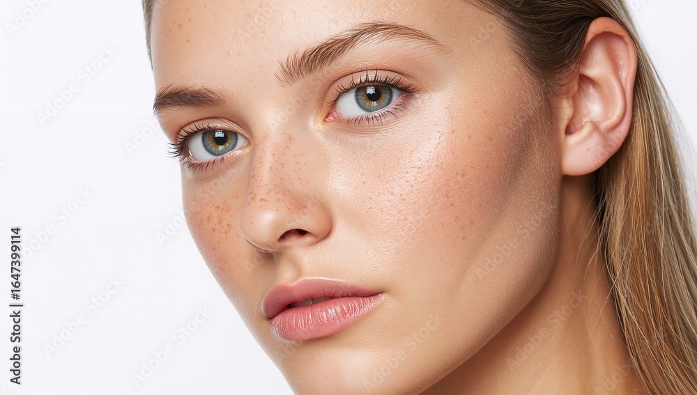 Obraz premium Close up of a freckled woman face with calm fresh expression on plain white background