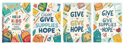 Colorful illustrations promoting educational support for children, featuring backpacks and school supplies.