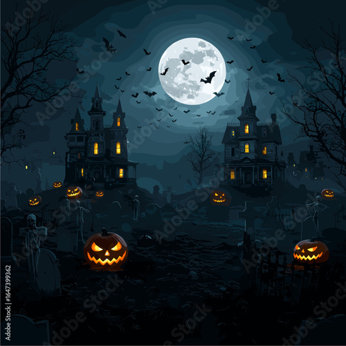Eerie Halloween Night Scene with Haunted Houses, Full Moon, Bats, and Glowing Jack-o'-Lanterns in a Dark Graveyard