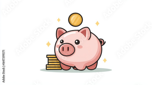 Cute cartoon piggy bank with coin dropping into it, surrounded by stack of coins and sparkles, symbolizing savings and financial growth. design is colorful and cheerful