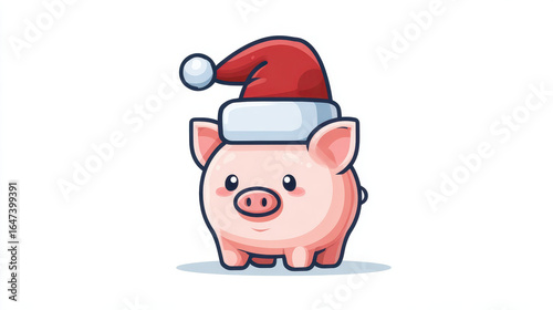 Cute pig wearing Santa hat, drawn in cartoony style with soft colors and cheerful expression, perfect for holiday themed designs or festive illustrations