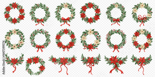 A festive collection of watercolor Christmas wreaths and garlands decorated with red and cream poinsettias and bows on a transparent background.