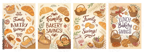 Charming illustration of various baked goods promoting family bakery savings, featuring warm colors.
