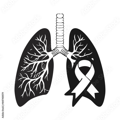 Illustration depicting human lungs with a white ribbon representing lung cancer awareness and support.