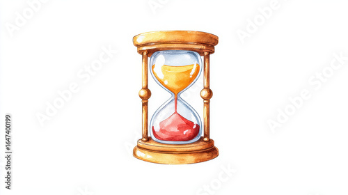 Watercolor illustration of classic hourglass with golden frame and vibrant orange and red sand, symbolizing passage of time. design is minimalistic and elegant on white background