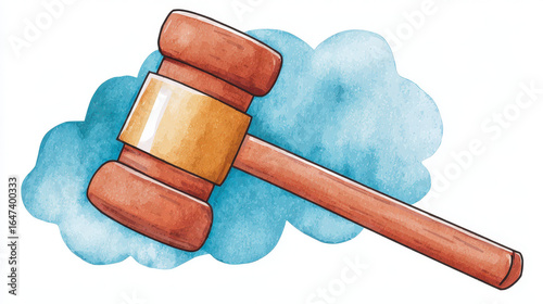 Watercolor illustration of wooden gavel with blue cloud like background, symbolizing justice, law, or legal proceedings. vibrant colors and cartoony style add playful yet professional touch
