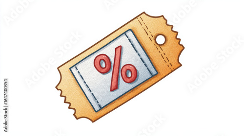 Colorful illustration of discount tag with red percentage symbol center, designed cartoony and watercolor style. tag has perforated edge and hole for attachment, evoking cheerful and promotional
