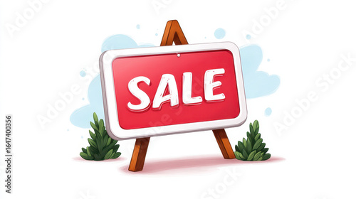 Red sale signboard with bold white text SALE displayed on wooden easel, surrounded by small green bushes and soft blue cloud like background, creating cheerful and inviting design
