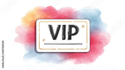 VIP text on decorative card with watercolor background in red, blue, and yellow tones, featuring gold border and star accents for elegant design