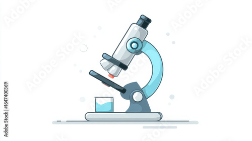 Clean and minimalistic illustration of microscope with pastel colors, featuring glass slide and small beaker. design is simple, modern, and scientific, evoking curiosity and precision