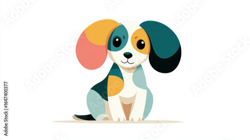 Adorable illustration of puppy with oversized floppy ears, featuring colorful patchwork design in shades of teal, orange, yellow, and black, sitting on neutral background