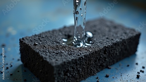 Water pouring on porous black sponge with blue background texture