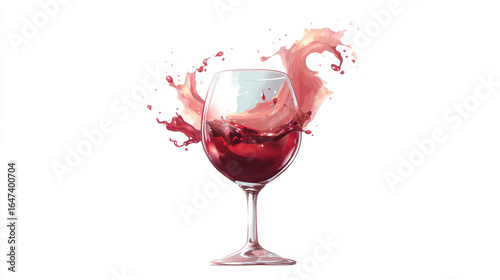 Wine glass with dynamic splash of red wine, creating artistic and vibrant motion effect against clean white background. image conveys elegance and energy