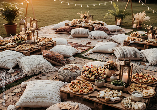 Aesthetic outdoor picnic setup with pillows, carpets, food, and string lights creating a cozy and inviting atmosphere