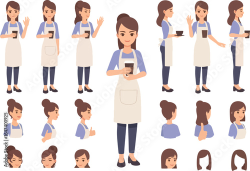 Cartoon female barista character set with various poses, gestures, and facial expressions for animation or design.