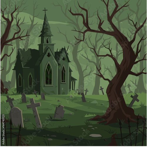 Haunted Gothic Church in Eerie Graveyard with Bare Trees Illustration for Halloween