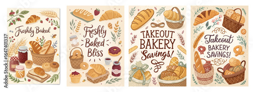 Charming illustrated bakery collection featuring fresh bread, pastries, and promotional signs.