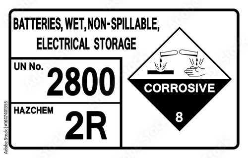 Batteries Wet Non Spillable Electrical Storage UN 2800 Symbol Sign, Vector Illustration, Isolate On White Background, Label.EPS10