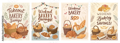 Delicious bakery savings with a variety of baked goods including bread, pastries, and donuts in cozy settings.