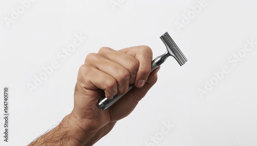Close up of a mans rough hand gripping a shaving razor on plain white background