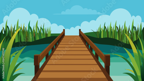 Wooden boardwalk pier over a tropical turquoise ocean with a cloudy sky
