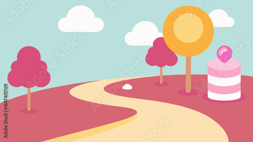 A whimsical vector illustration of a colorful lollipop field under a sunny sky with clouds and a winding road
