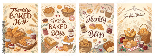 A colorful array of illustrations celebrating freshly baked goods, showcasing joy and bliss in various pastries.