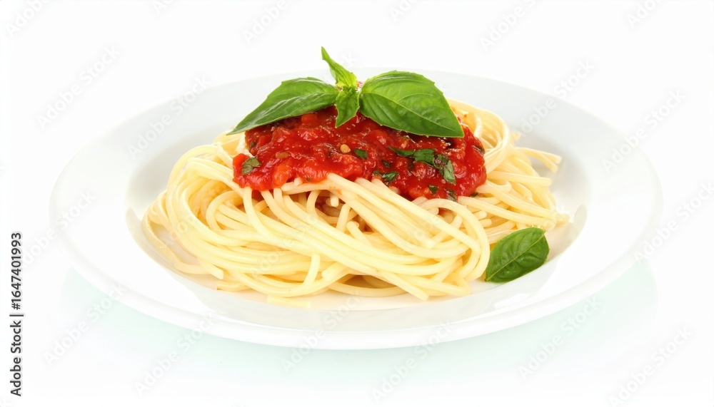 A plate of spaghetti topped with fresh tomato sauce and basil leaves, isolated on a white background. A plate of spaghetti topped with fresh tomato sauce and basil leaves, isolated on a white background.