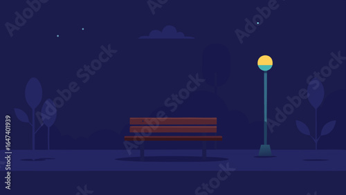 A solitary bench rests under the bright moonlight, illuminating the dark, starry night sky and a tranquil winter landscape