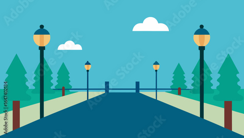 Vector illustration of a sunny day city landscape with trees, street lights, and cartoon-style architecture under a blue sky with clouds