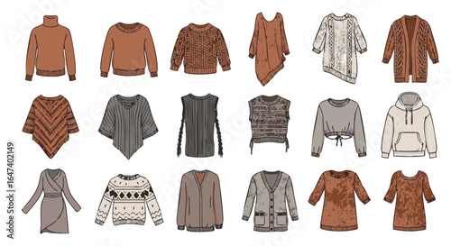 Knitted sweaters and cardigans flat icon set vector autumn