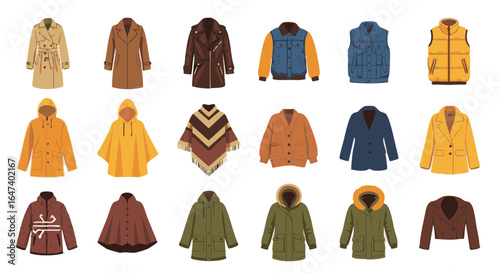Autumn outerwear flat icon set vector isolated fall jackets