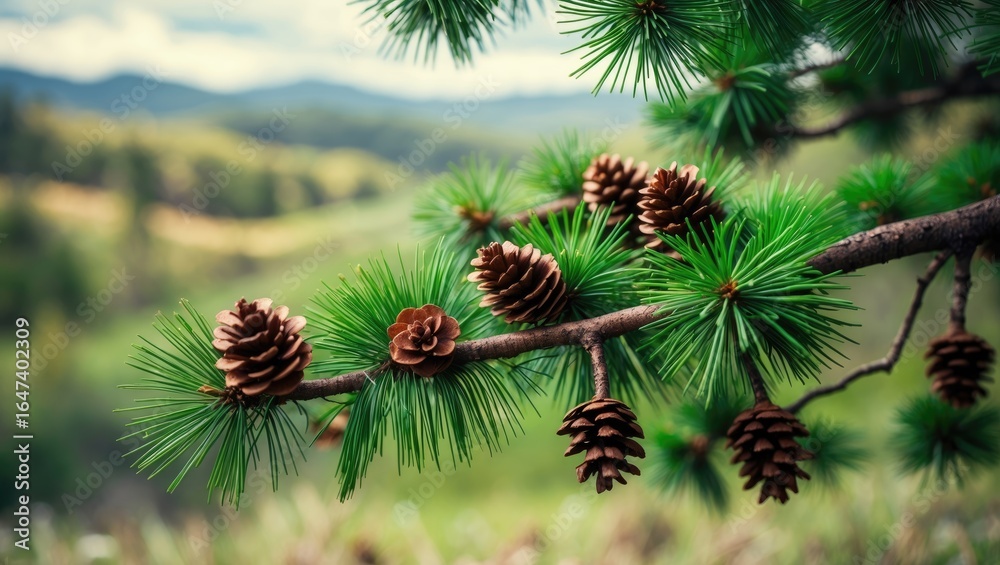 Fototapeta premium Pine branch with pinecones, green needles, and a blurred background of nature and hills.