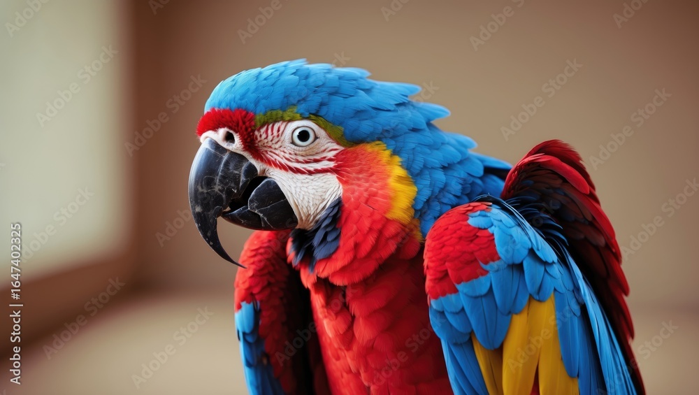 Fototapeta premium Colorful parrot with red, blue, yellow, and black feathers, sharp beak, and white eye close-up.