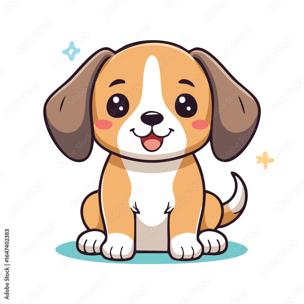Cartoon illustration of a cute, smiling puppy with big eyes and floppy ears, sitting happily. Cartoon illustration of a cute, smiling puppy with big eyes and floppy ears, sitting happily.