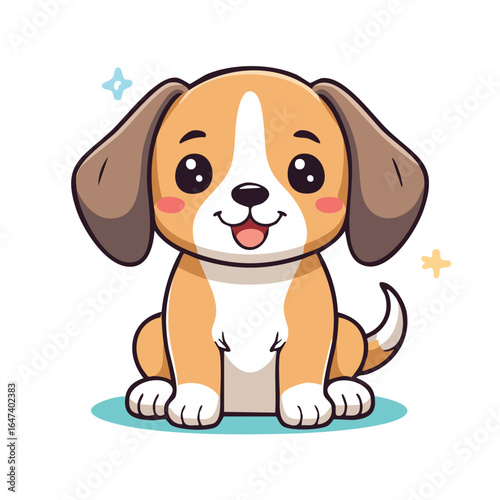 Cartoon illustration of a cute, smiling puppy with big eyes and floppy ears, sitting happily.