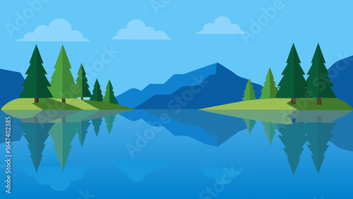 Mountain landscape with a serene lake reflecting the summer sky and forest