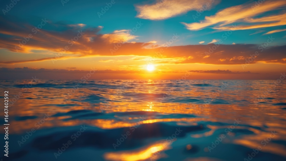 Fototapeta premium Sunset over the ocean with vibrant sky and calm water reflections. Nature and scenery, tranquility, soft colors, and breathtaking view.