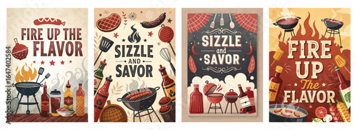 Colorful and vibrant barbecue-themed graphic designs featuring grills and sauces.