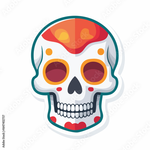 Colorful sugar skull illustration with decorative elements for Day of the Dead celebration.