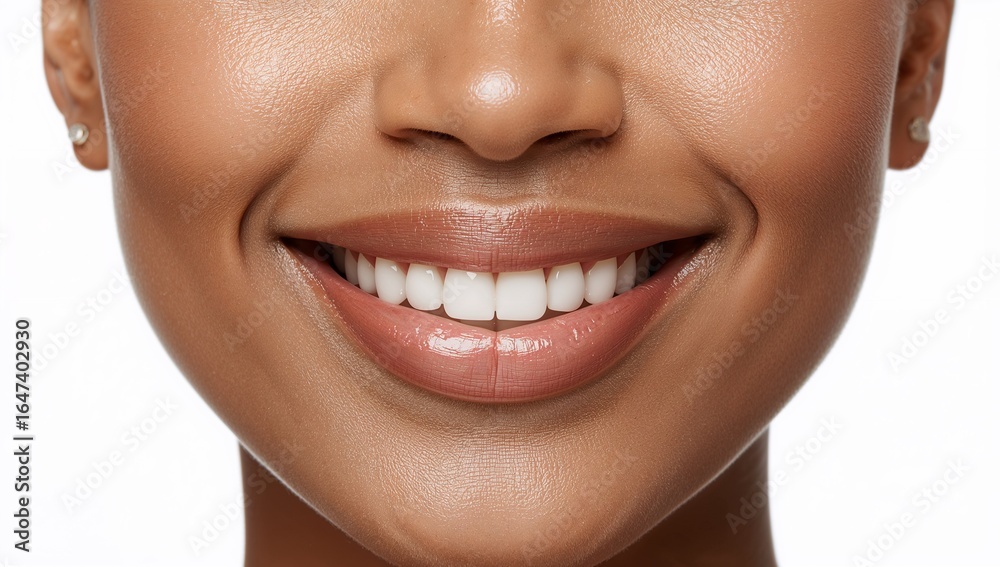 Obraz premium Close up of a smiling woman with radiant skin and glossy lips on plain white background