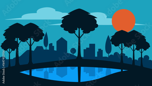 Vector illustration of an urban city skyline with black skyscraper silhouettes against a cloudy sky