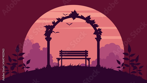 Vector art illustration of an old park bench under a spooky black tree, silhouetted against a full moon in the night sky