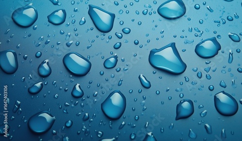 Abstract macro close-up of crystal clear water droplets on smooth blue surface, minimalist liquid texture with reflections for design and scientific concepts