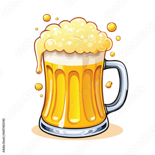 Illustration of a full beer mug with overflowing foam and bubbles, a refreshing beverage.