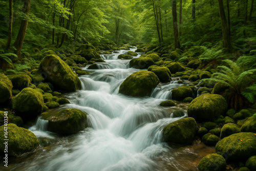 Tranquil stream flowing through lush green forest landscape